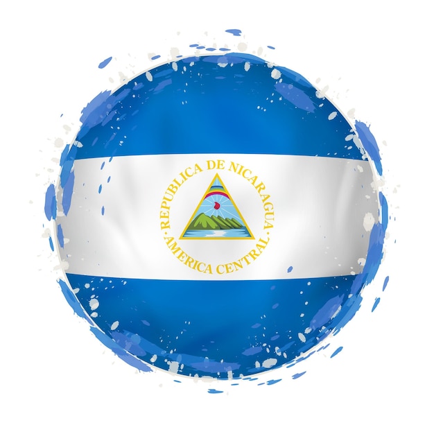 Round grunge flag of Nicaragua with splashes in flag color. Vector illustration.