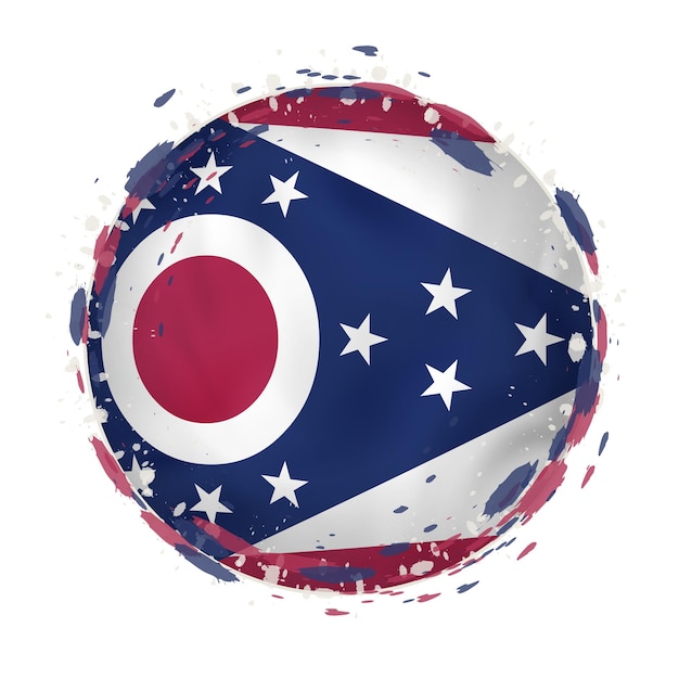 Круглый гранж-флаг штата Огайо США с вкраплениями цвета флага Векторная иллюстрация
