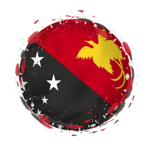 Round grunge flag of Papua New Guinea with splashes in flag color Vector illustration