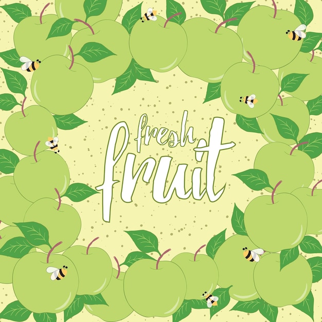 Круглая рамка ручной работы для карты свежих фруктов Фон с зелеными яблоками Место для текста