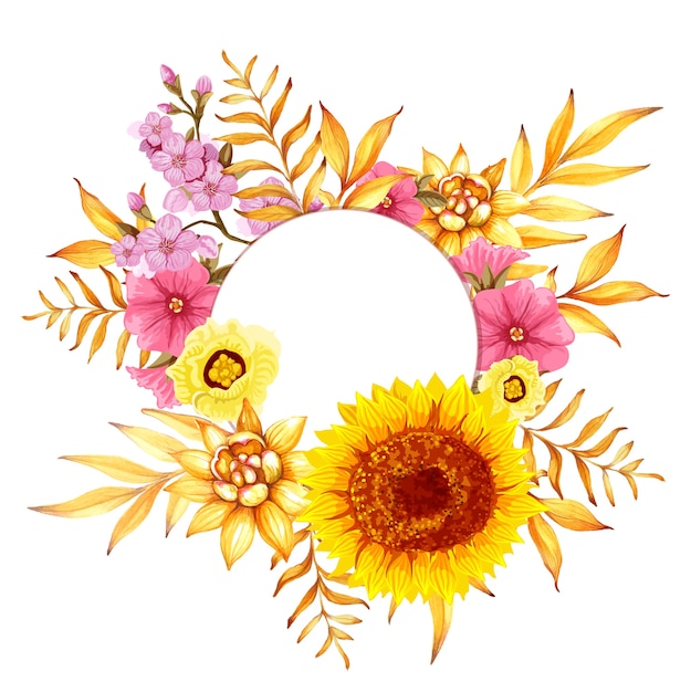 Round hand drawn watercolor floral background with sakura branch and sunflower