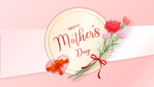 Round happy mothers day card with bouquet of carnations and gift in heart shape pink vector banner