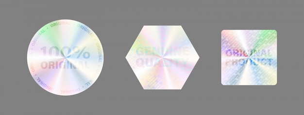 round hologram label set  on white. geometric holographic label for award , product guarantee, sticker design.  hologram sticker collection. quality holographic sticker set.