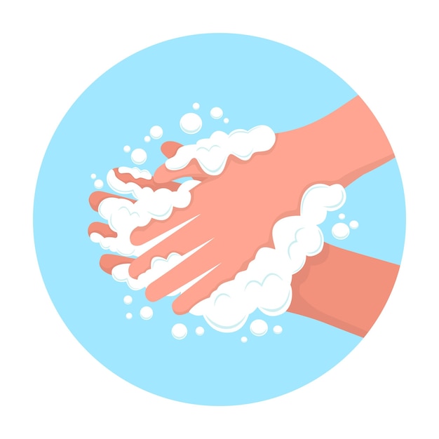 Вектор Круглый значок мойте руки с мылом. концепция здорового образа жизни, чистоты и ухода за телом. мытье рук мыльной пеной и пузырьками для профилактики вируса короны. личная гигиена против коронавируса.