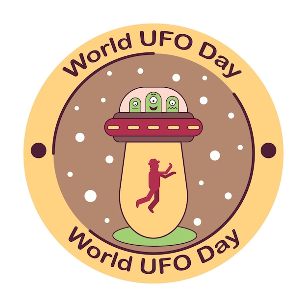 丸いアイコン 世界の UFO の日。 UFO に乗った 3 人のエイリアンが、明るい光のビームで人を誘拐します。