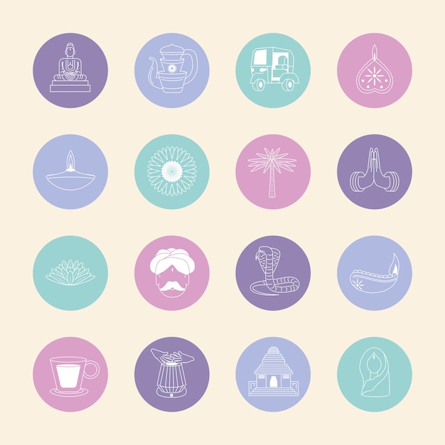 Vector round icons set of indian culture