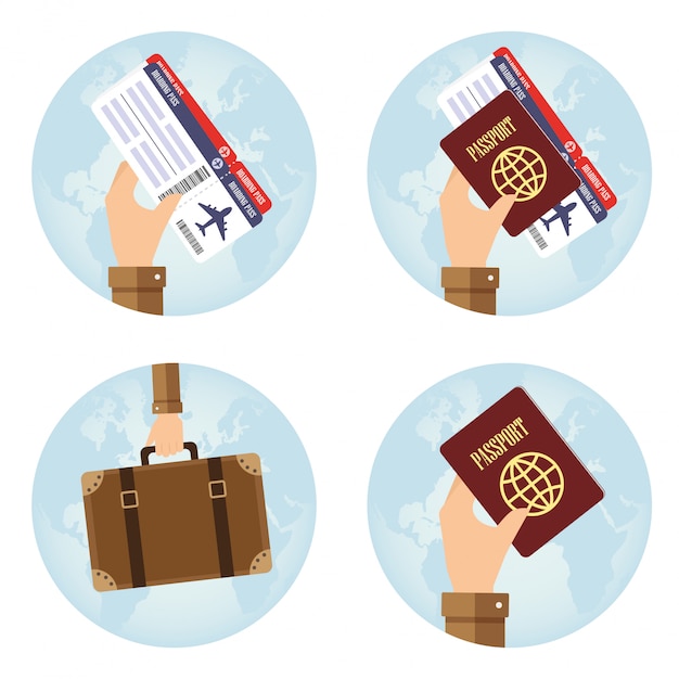 Round icons with hand holding elements for travel