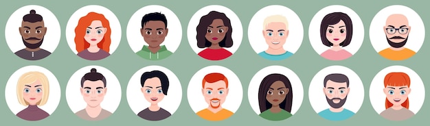 Round icons with male and female multiethnic avatars vector