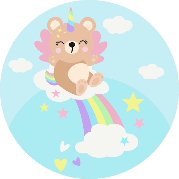 Round illustration with unicorn teddy bear on rainbow with clouds