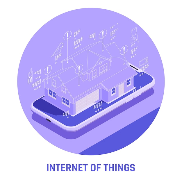 Round iot isometric colored composition with 3d model of house on a tablet screen vector illustration