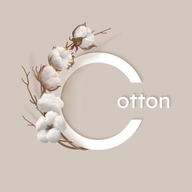 Vector round letters cotton with cotton branch on a light background white cotton buds and brown branch