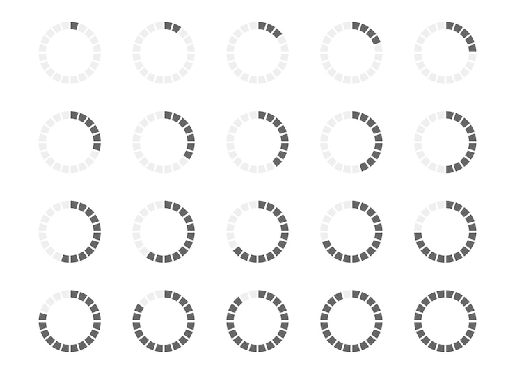 Vector round loading bar with filled from 1 to 20 segments progress waiting or loading symbols set