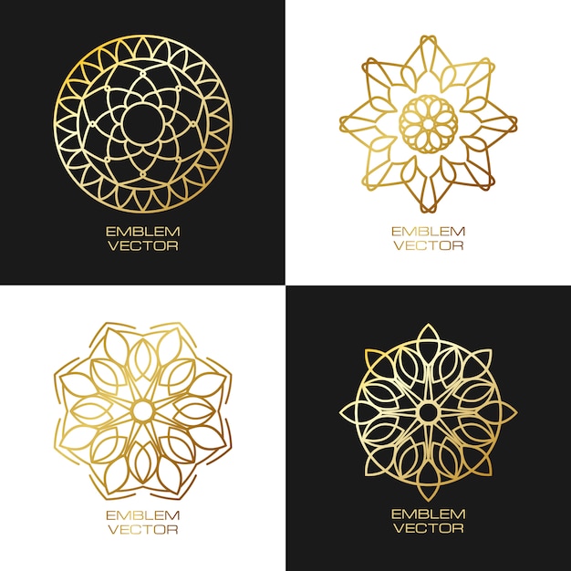  round logo design gold templates set in linear style.