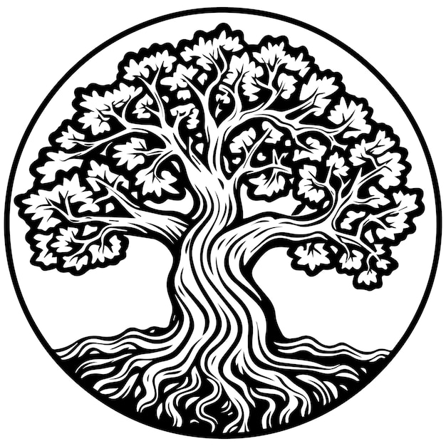 Vettore logo dell'albero rotondo bianco e nero in cerchio