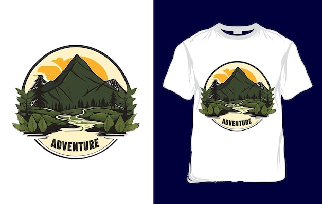 A round logo with a mountain landscape and a lake nature landscape adventure