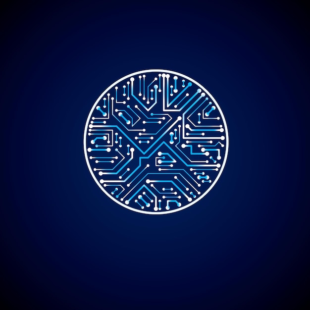 Vector round luminescent blue circuit board with electronic components of technology device. computer motherboard cybernetic vector abstraction with flash effect.