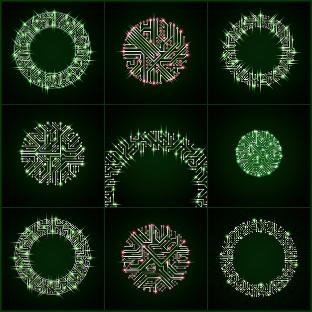 round luminescent green circuit boards with electronic components of technology device. computer motherboards cybernetic vector abstractions with flash effect and arrows.