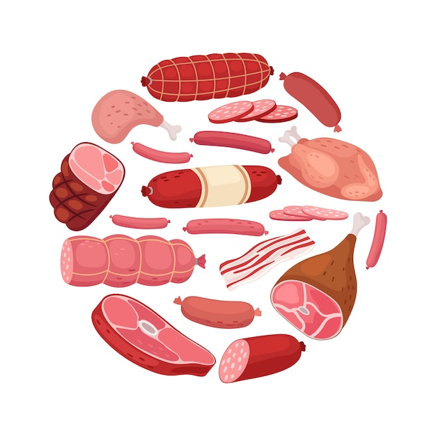 ベクトル 丸い肉。鶏肉、サラミ、ソーセージ、白い背景で隔離の新鮮な肉
