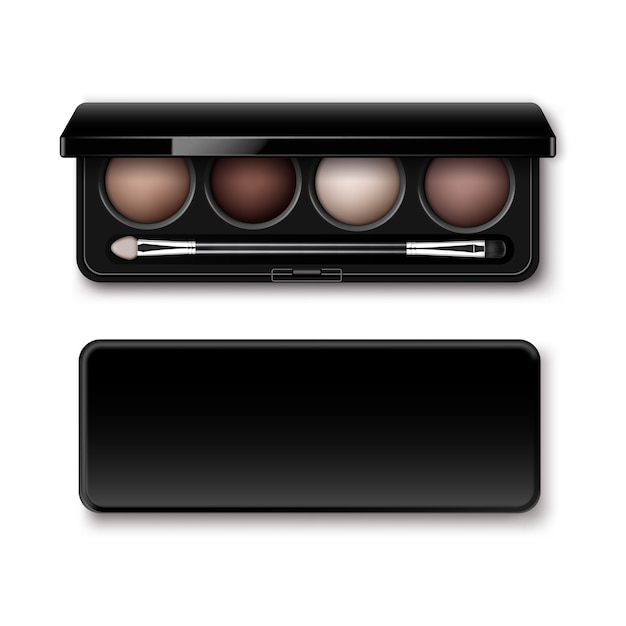 Vector round multicolored pastel light brown cream ocher eye shadows in black rectangular plastic case with makeup brush applicator top view isolated