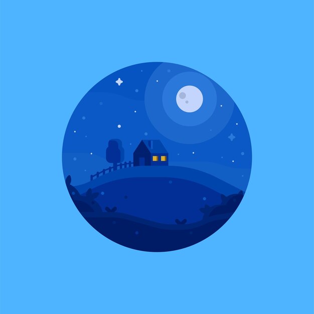 Vector round night landscape icon of a house on a hill