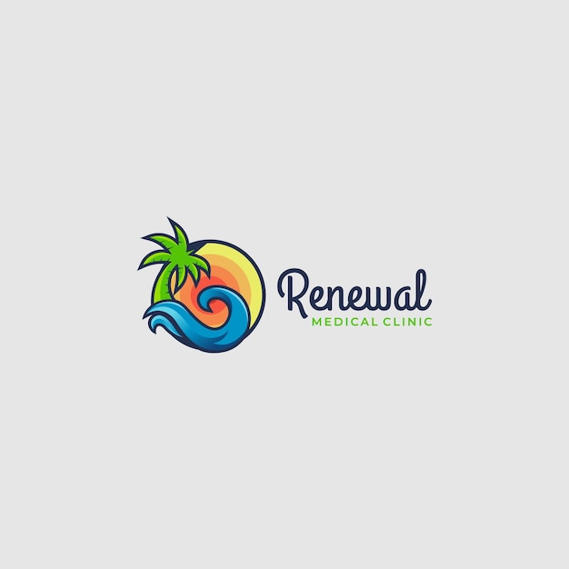 Vector round ocean water beach palm tree logo