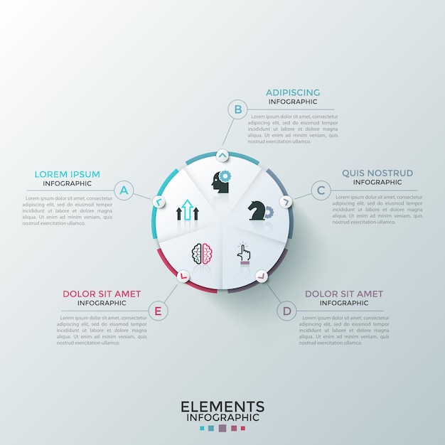 Round paper white pie chart divided into 5 equal sectors with flat icons inside connected to text boxes. Concept of five-stepped cyclic process. Modern infographic design layout. 