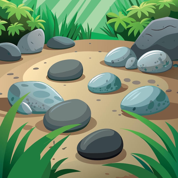 Vector round pebbles gray rock stones texture on garden ground for background