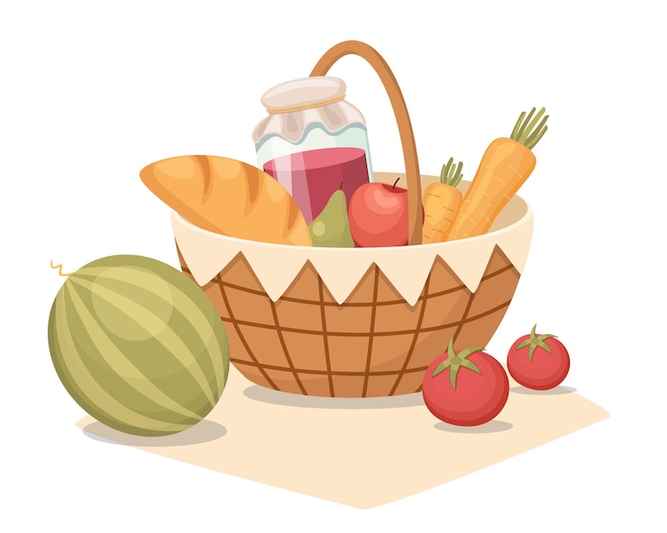 Vector round picnic basket with handle and meals on blanket. hamper with watermelon, veggies, jam jar and bread for outdoor summer recreation, isolated traditional wicker box. cartoon vector illustration