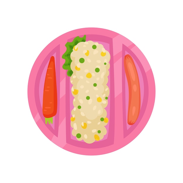 Round pink lunch box with fresh carrot boiled sausage and rice with lettuce leaf Plastic tray with delicious meal Food theme Colorful vector illustration in flat style isolated on white background