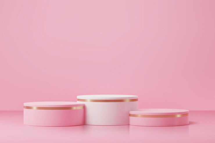 Vector round pink podium stage with golden rings