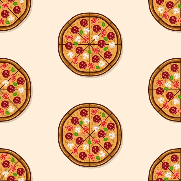 Modello senza cuciture colorato vettore pizza rotonda su sfondo chiaro per pubblicità, pacchetto decorativo e altre cose