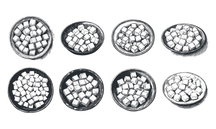 Vector round plates showcase symmetrical sugar cube arrangements in various styles