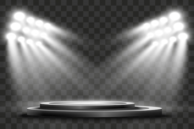 Round podium, pedestal or platform, illuminated by spotlights in the background.  illustration. Bright light. Light from above. Advertising place