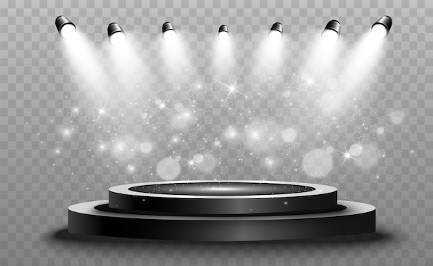 Vector round podium pedestal or platform illuminated by spotlights in the background vector illustration