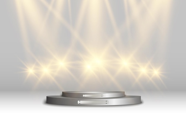 Round podium pedestal or platform illuminated by spotlights in the background