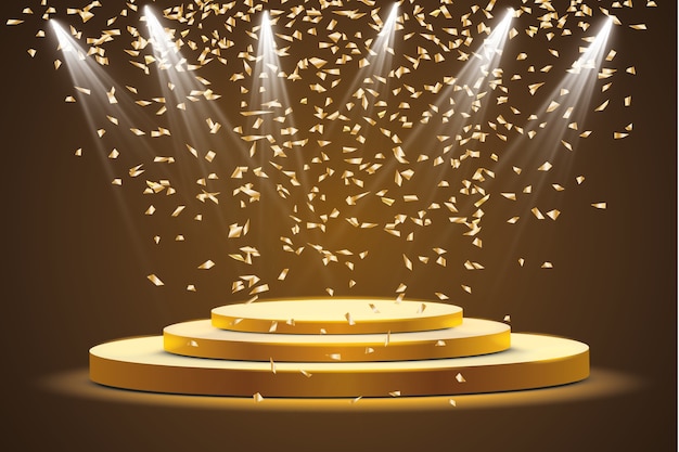 Round podium, pedestal or platform illuminated by spotlights. golden confetti falling