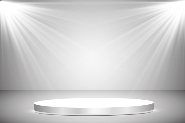 Vector round podium pedestal or platform illuminated by spotlights on grey background stage with scenic lights vector illustration