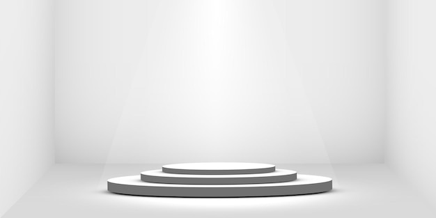 Round podium pedestal or platform illuminated by spotlights on a white background Platform for desig