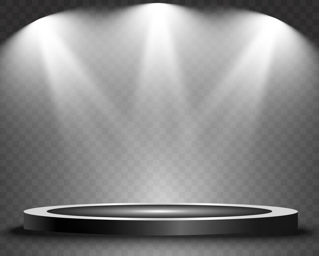 Vector round podium, pedestal or platform, illuminated by spotlights