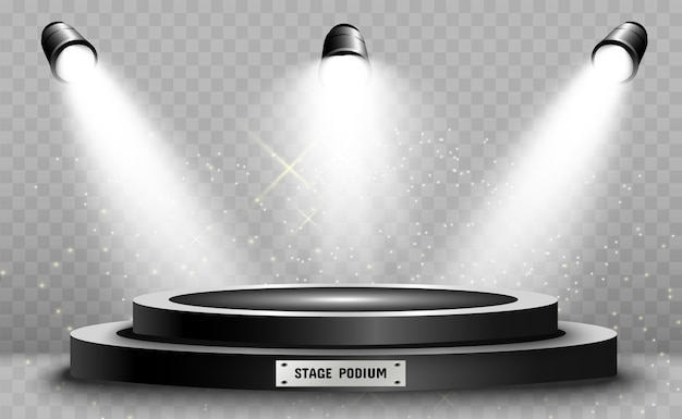 Round podium pedestal or platform illuminated by spotlights