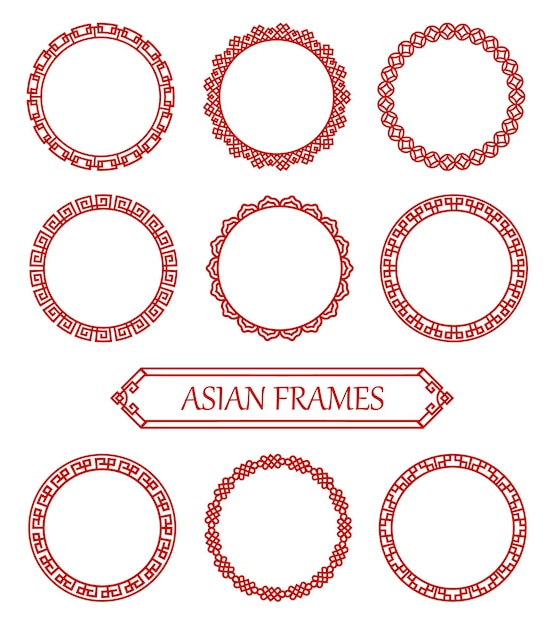 丸い赤いアジアのフレーム日本の韓国と中国の装飾的な装飾ベクトルサークル結び目は、伝統的なアジアの装飾品やパターンでフォトフレームを縁取ります東洋のグラフィックヴィンテージ装飾セット