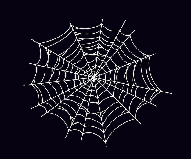 Round scary spider web. white cobweb silhouette isolated on black background. hand drawn spider web for halloween party. vector illustration.