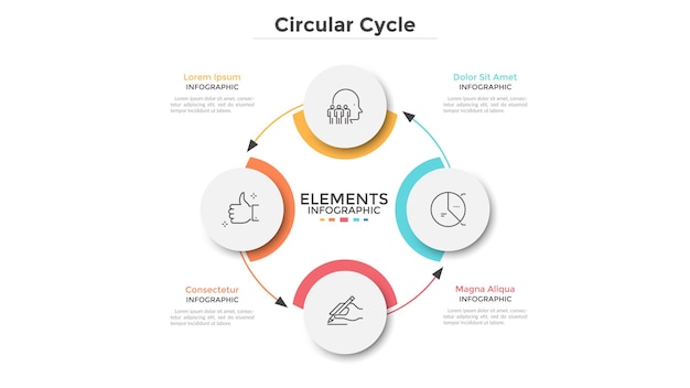 Round scheme with 4 circular paper white elements connected by arrows. concept of four steps of business cycle or cyclic process. minimal infographic design template. modern vector illustration.