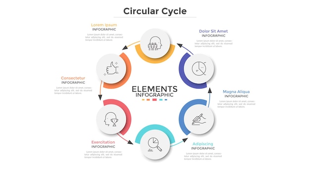 Schema rotondo con 6 elementi circolari in carta bianca collegati da frecce. concetto di sei fasi del ciclo economico o processo ciclico. modello di progettazione infografica minimale. illustrazione vettoriale moderno.