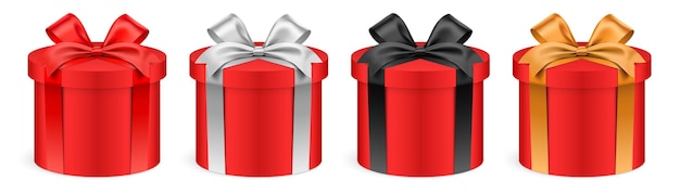 Round shape red gift boxes with colorful ribbons isolated on background vector illustration