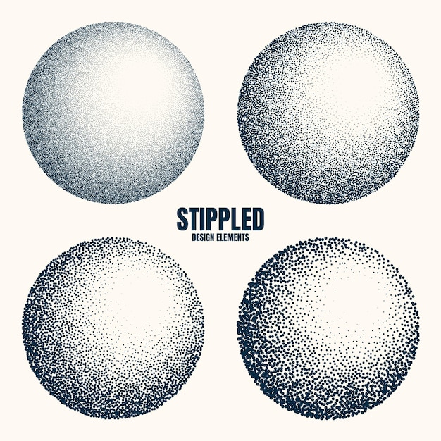 Round shaped dotted objects vintage stipple elements fading gradient stippling dotwork drawing