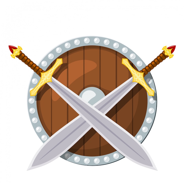 Vector  round shield and battle sword on white 