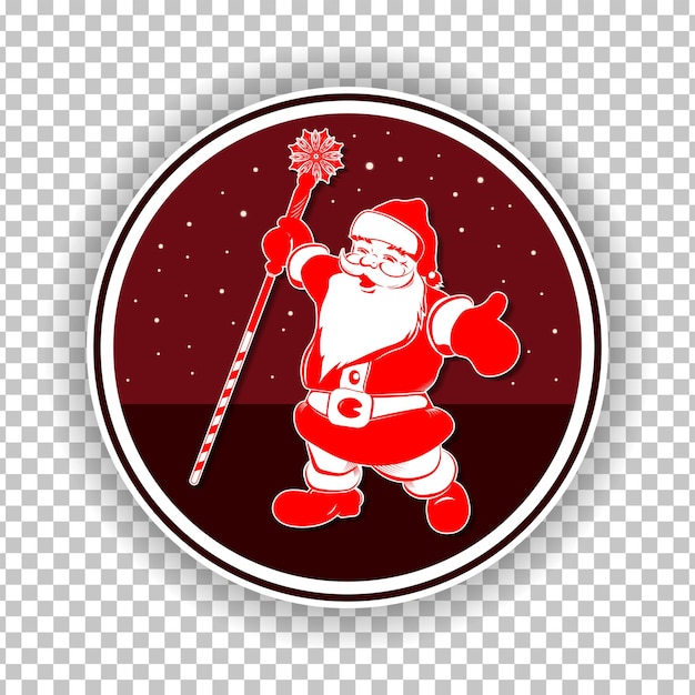 round sign with a silhouette of santa claus with a staff design element