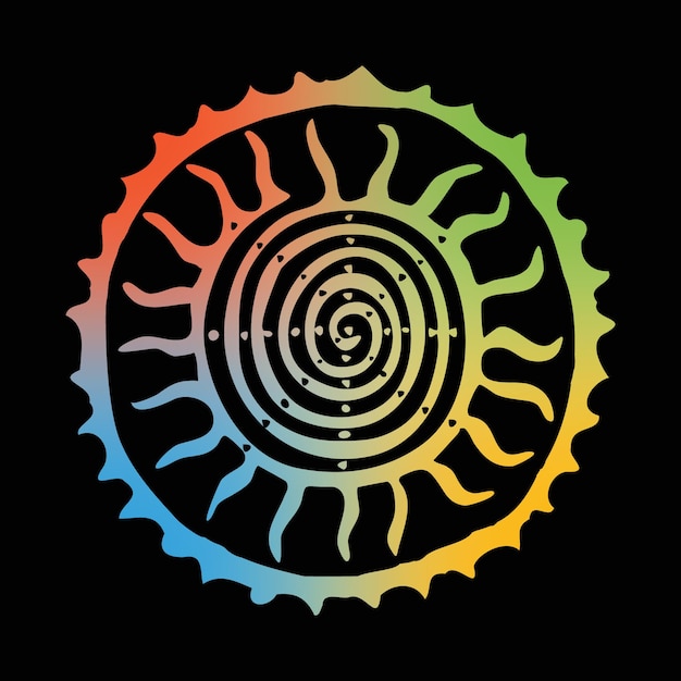 Simboli del sole di schizzo rotondo nei colori dell'arcobaleno di stile etnico su uno sfondo scuro