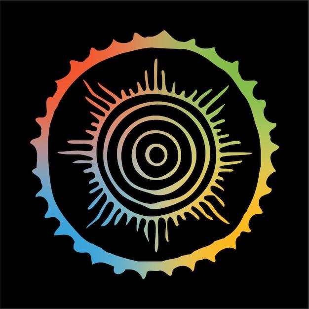 Round sketch sun symbols in ethnic style rainbow colors on a dark background